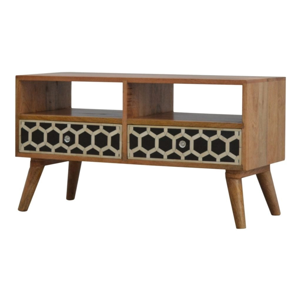 Solid Mango Wood Oak Finish Bone Inlay 2 Drawer Media Unit - Image 3