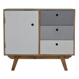 Solid Mango Wood Oak Finished 3 Drawer 1 Door Two Tone Hand Painted Cabinet