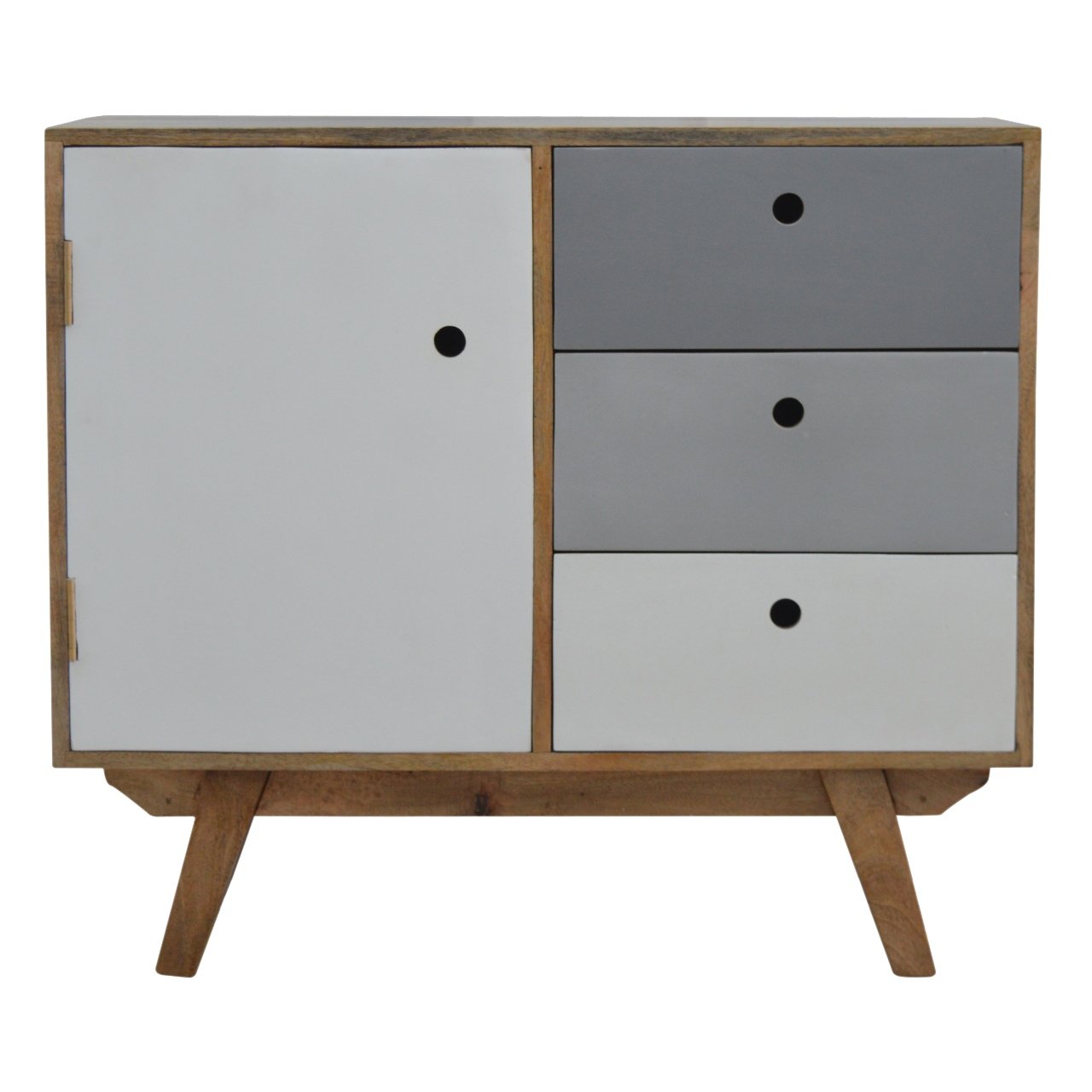 Solid Mango Wood Oak Finished 3 Drawer 1 Door Two Tone Hand Painted Cabinet