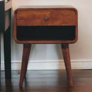 Solid Mango Wood Chestnut Finished Curve 1 Drawer Open Slot Bedside
