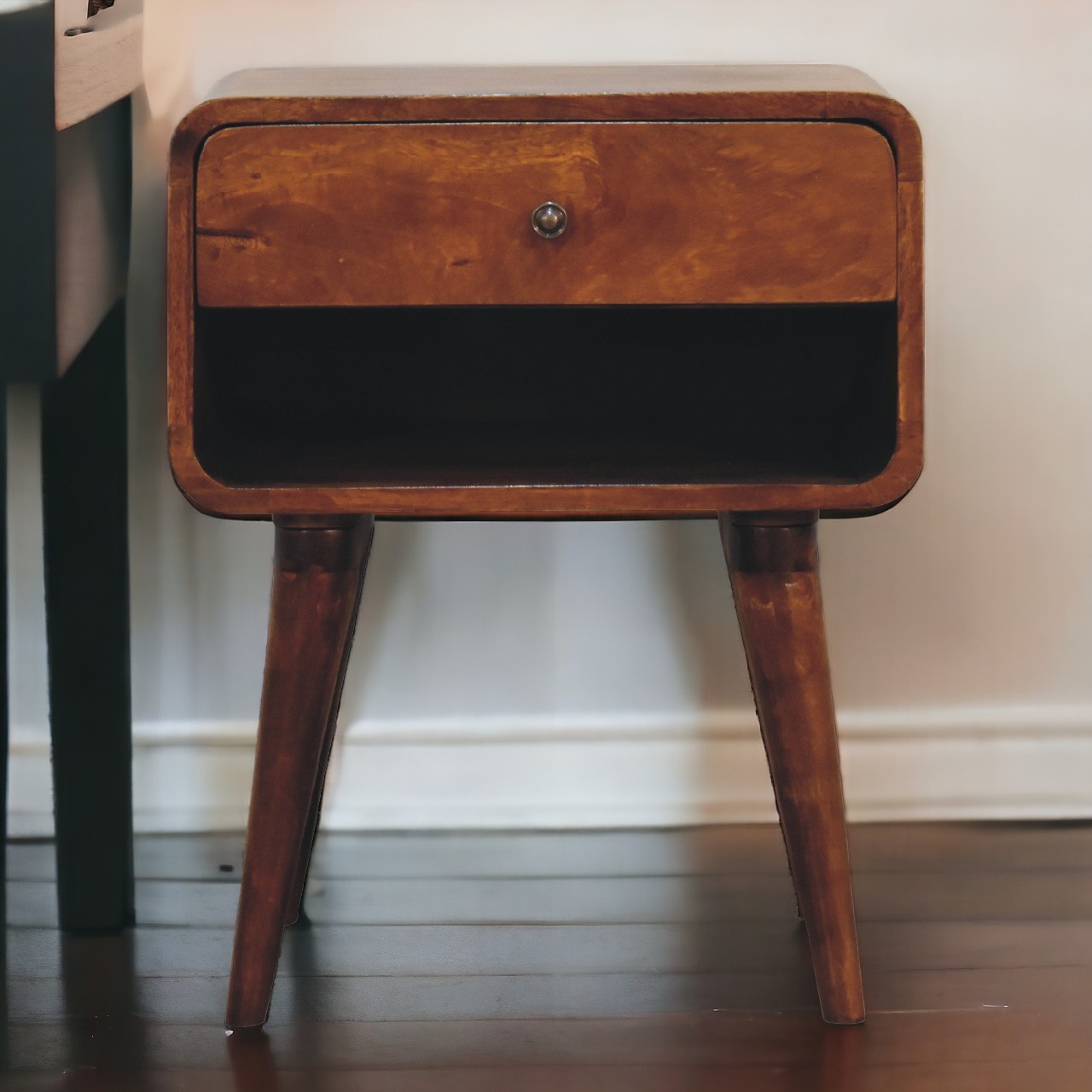 Solid Mango Wood Chestnut Finished Curve 1 Drawer Open Slot Bedside