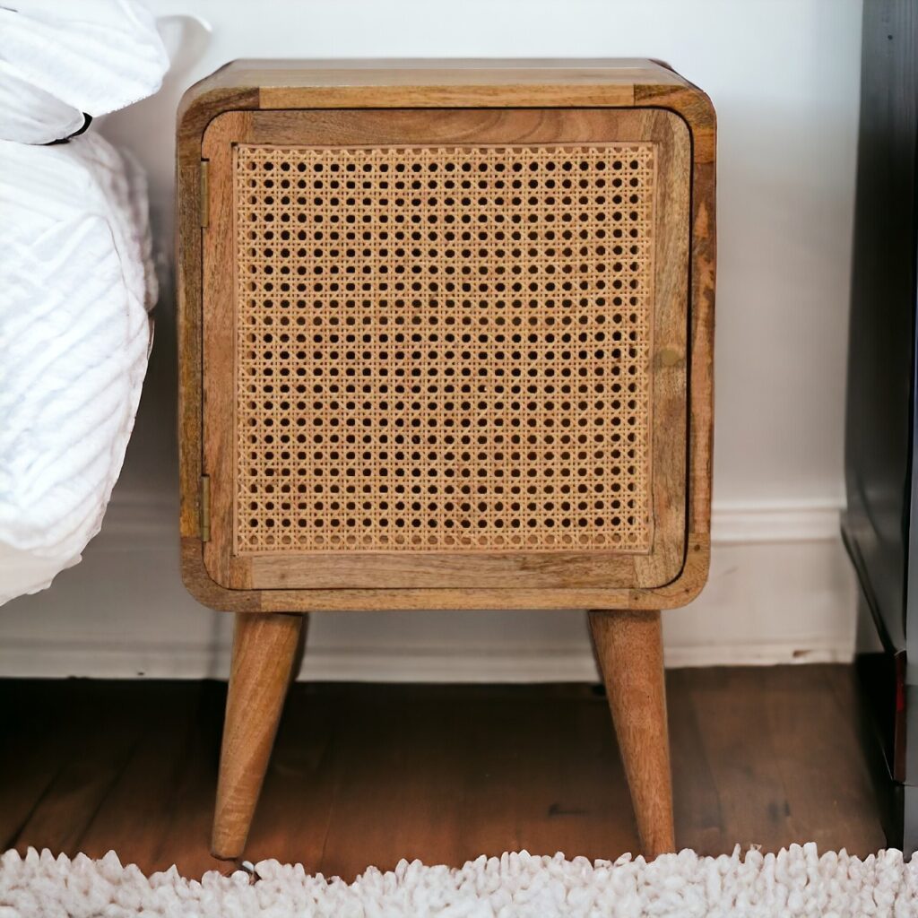 Solid Mango Wood Oak Finished with Rattan Woven Door Bedside