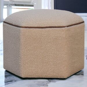 Solid Mango Wood Boucle Upholstery with Leather Trim Finish Serenity Hexagonal Stool