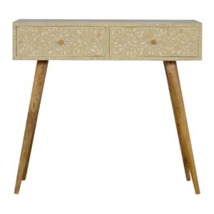 Solid Mango Wood Oak Finished 2 Drawer Floral Bone Inlay Console Table