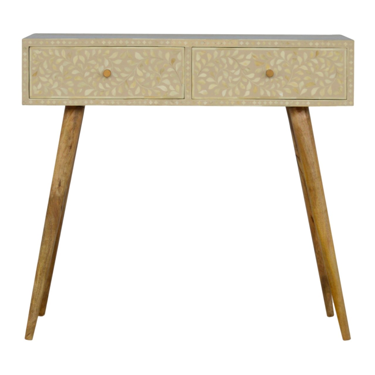 Solid Mango Wood Oak Finished 2 Drawer Floral Bone Inlay Console Table