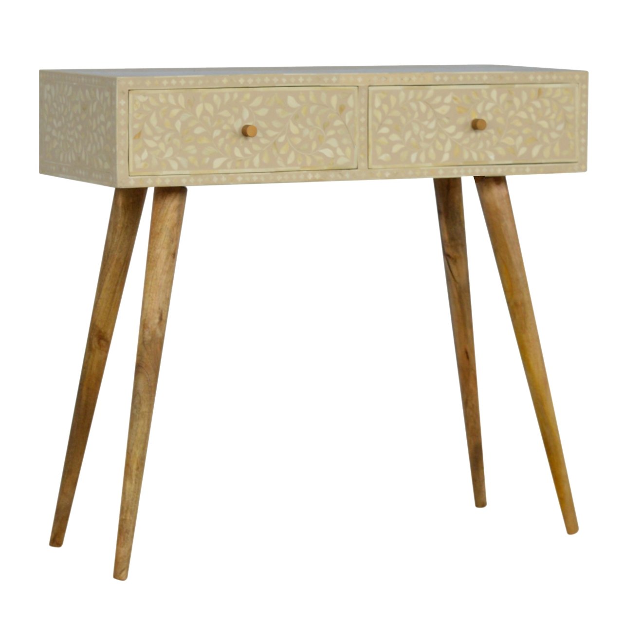 Solid Mango Wood Oak Finished 2 Drawer Floral Bone Inlay Console Table - Image 2