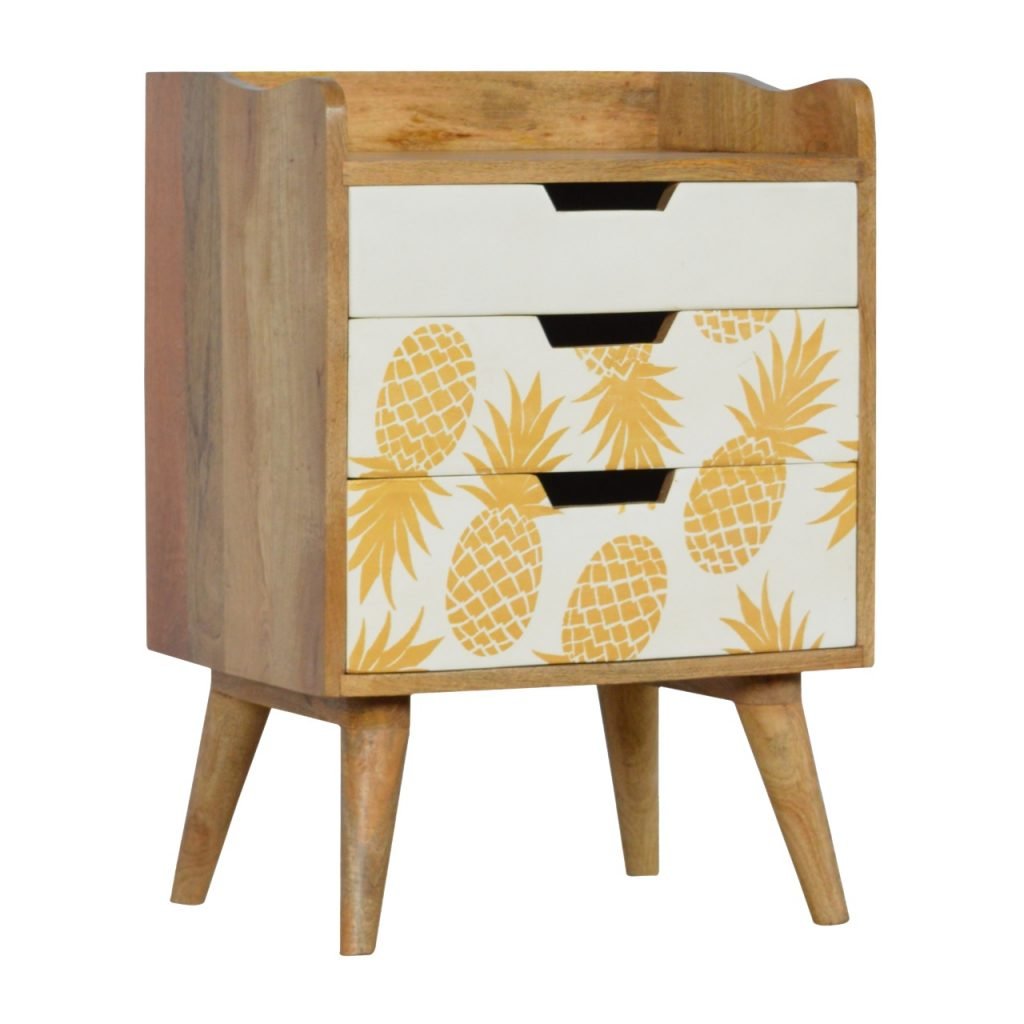 Solid Mango Wood Oak Finished 3 Drawer Pineapple Screen Printed Bedside - Image 3