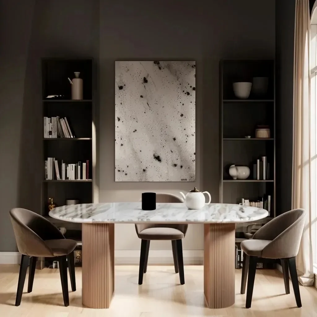 Ashford Round Marble Top with Wood Pedestal Dining Table - Image 3