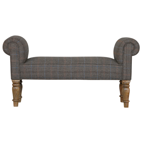 Solid Mango Wood Checked Tweed Upholstered Bench