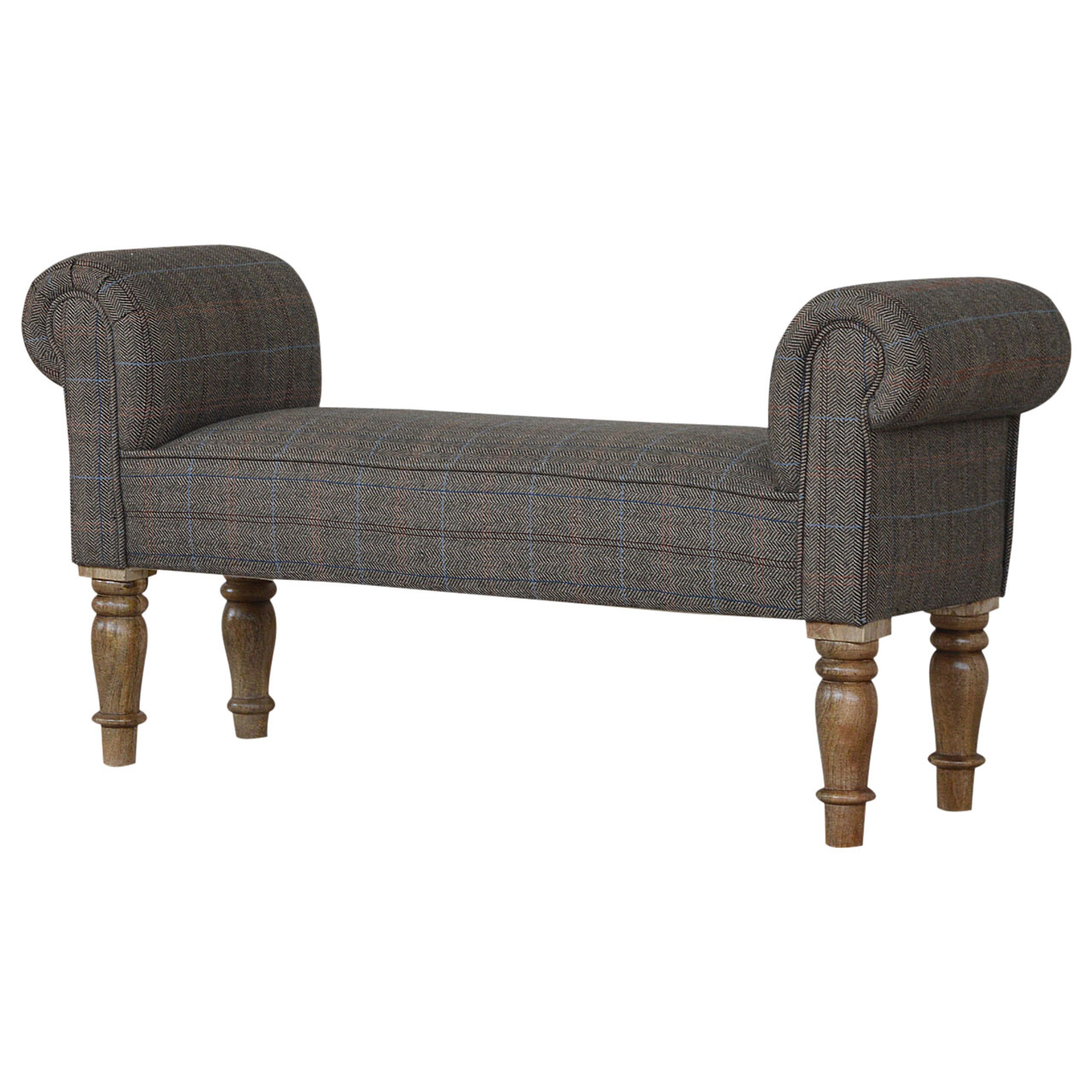 Solid Mango Wood Checked Tweed Upholstered Bench - Image 2