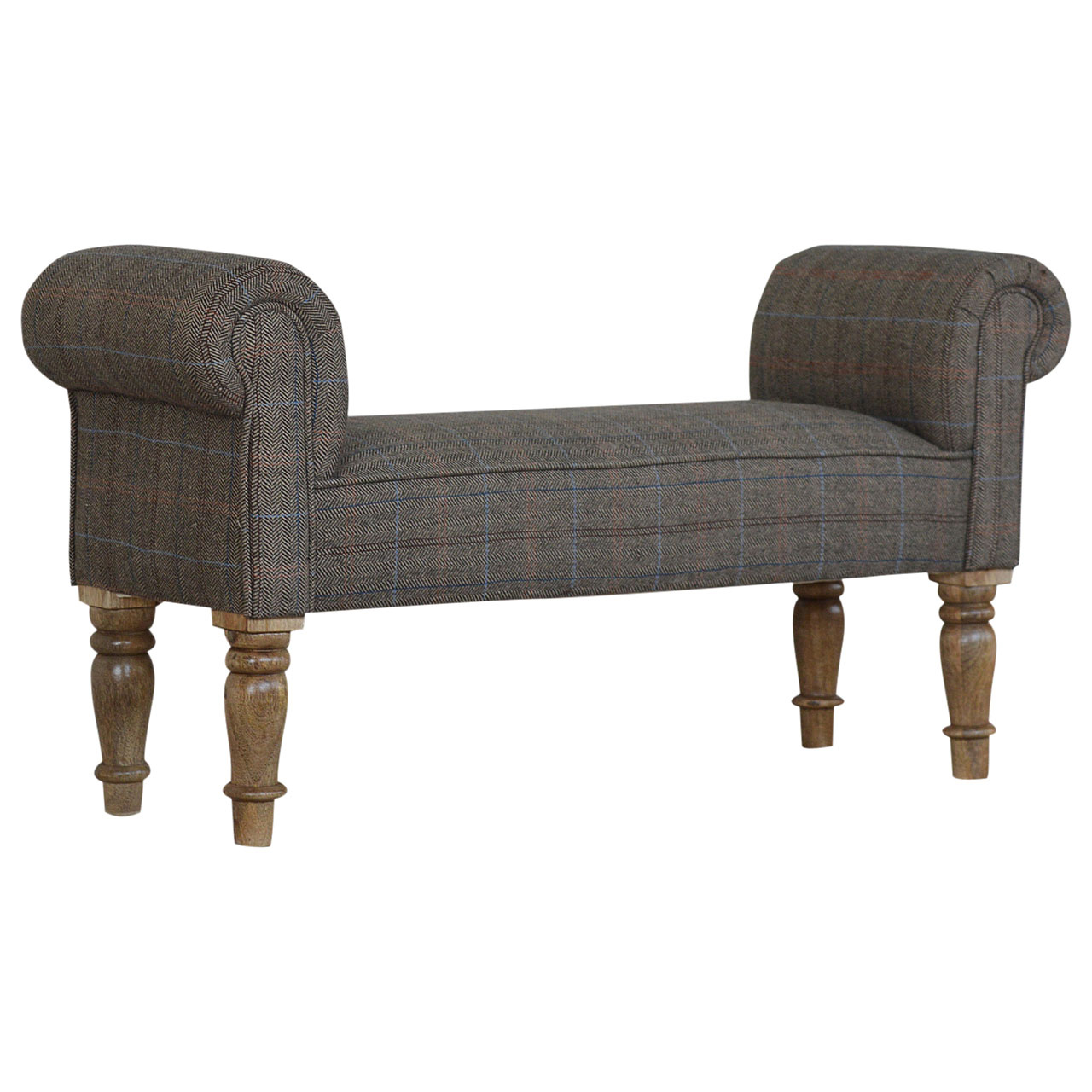 Solid Mango Wood Checked Tweed Upholstered Bench - Image 3