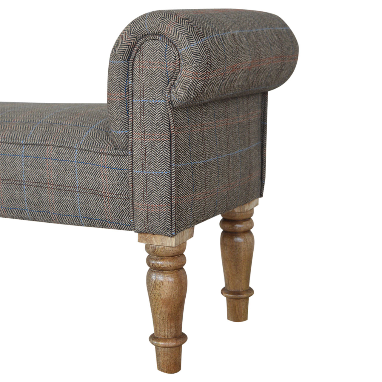 Solid Mango Wood Checked Tweed Upholstered Bench - Image 5