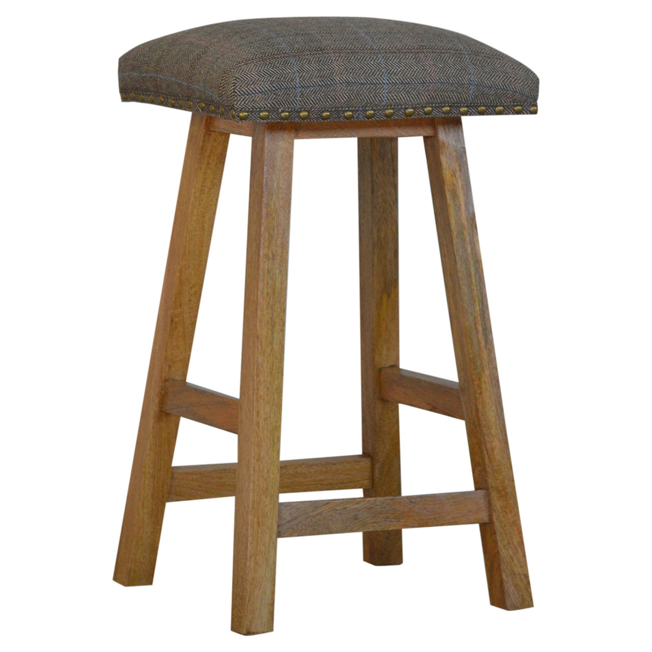 Solid Mango Wood Checked Upholstered Tweed Sturdy Bar Stool - Image 4