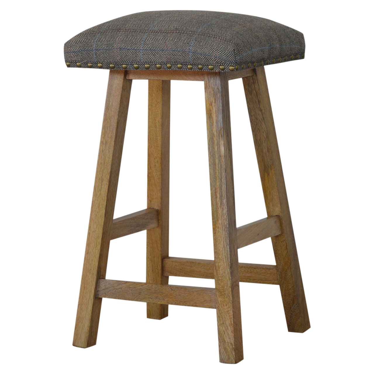 Solid Mango Wood Checked Upholstered Tweed Sturdy Bar Stool - Image 8