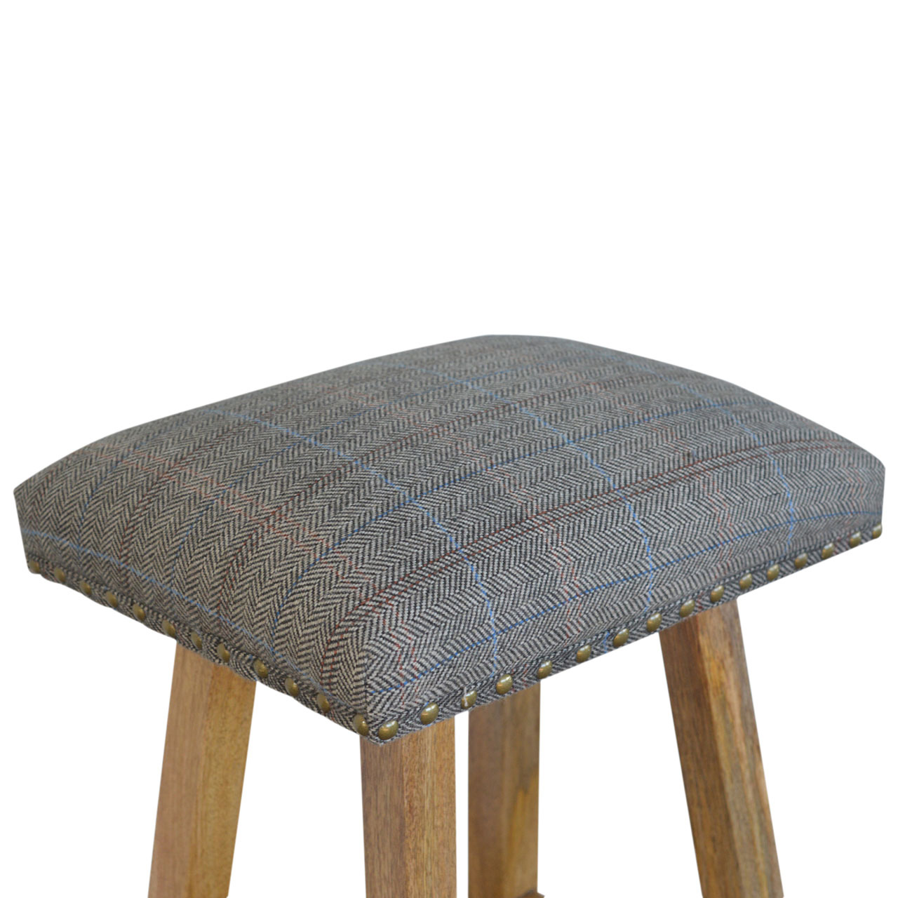 Solid Mango Wood Checked Upholstered Tweed Sturdy Bar Stool - Image 2