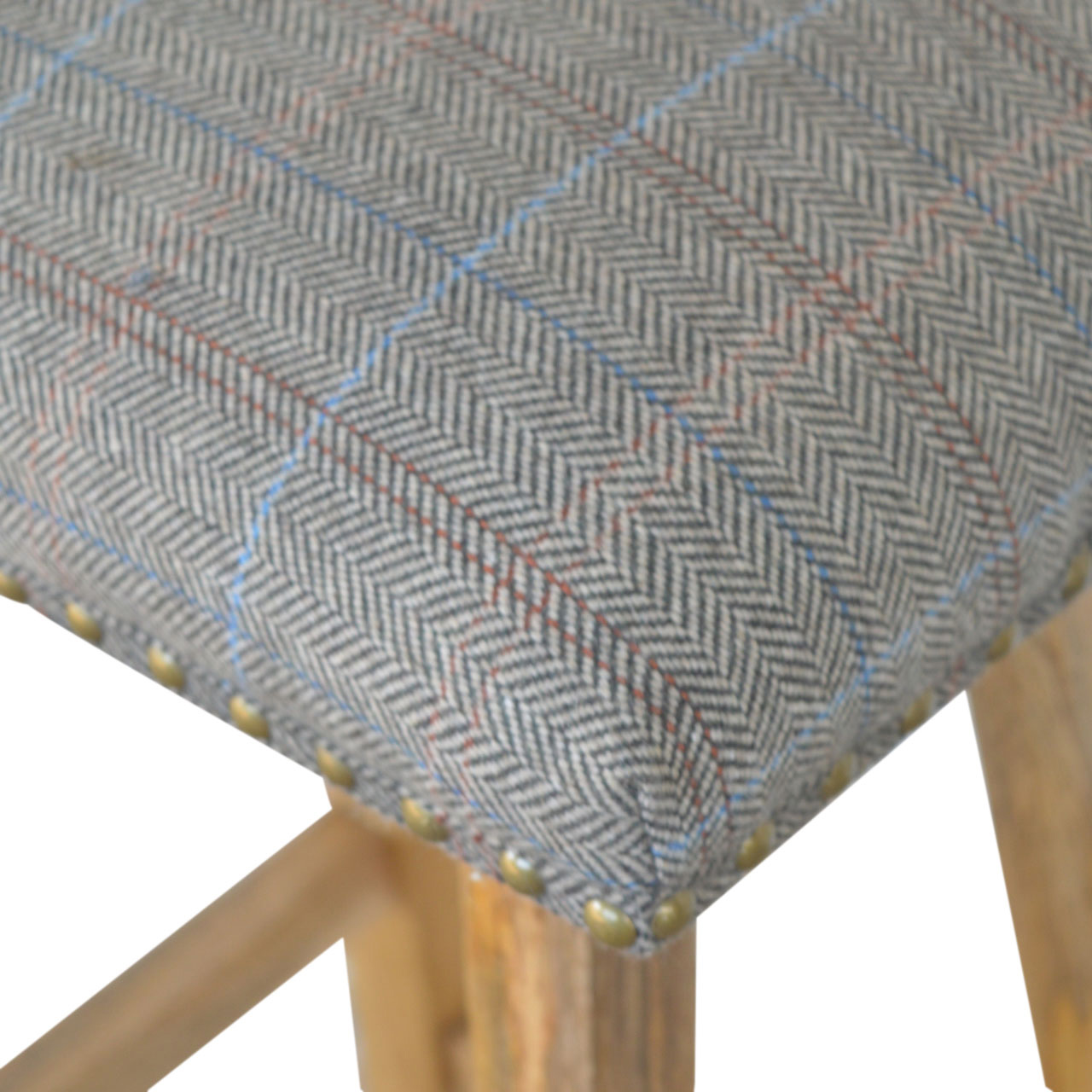Solid Mango Wood Checked Upholstered Tweed Sturdy Bar Stool - Image 3