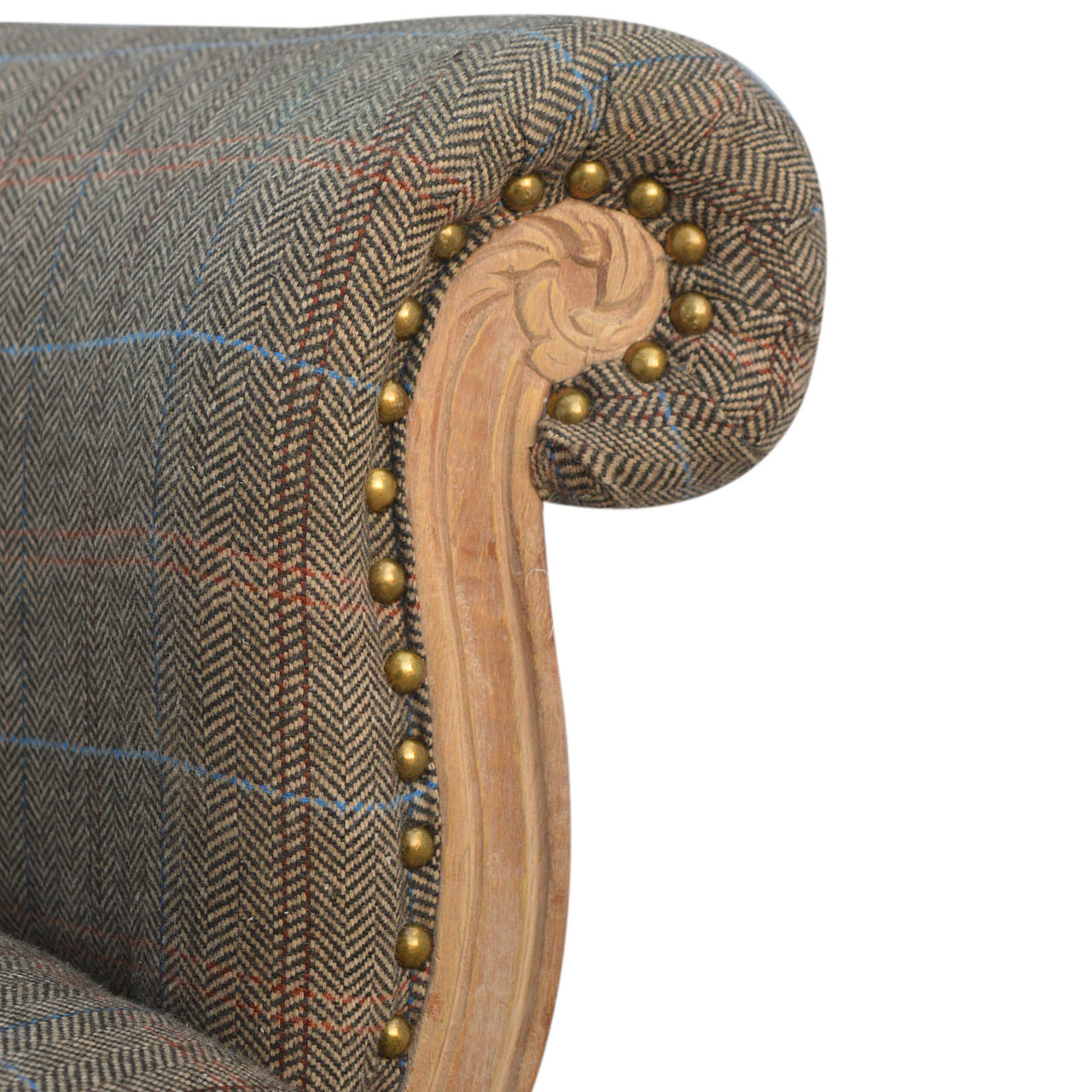 Solid Mango Wood French Style Upholstered Check Tweed Small Chair - Image 2