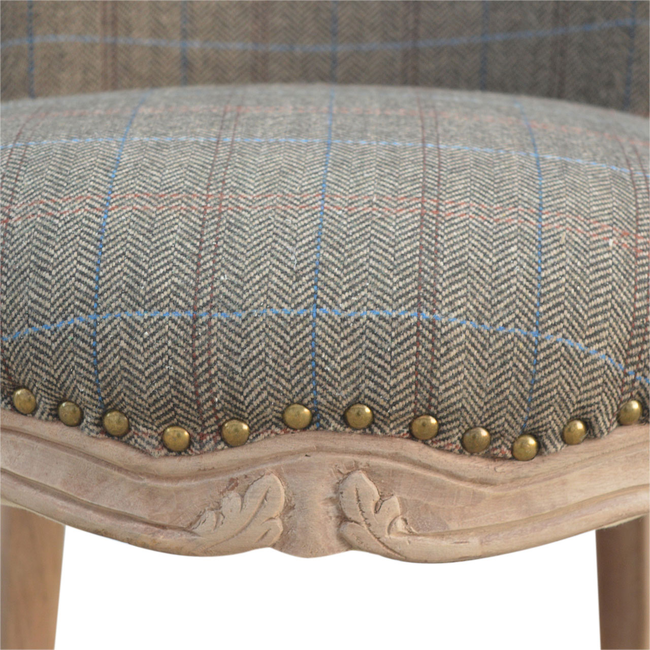 Solid Mango Wood French Style Upholstered Check Tweed Small Chair - Image 3