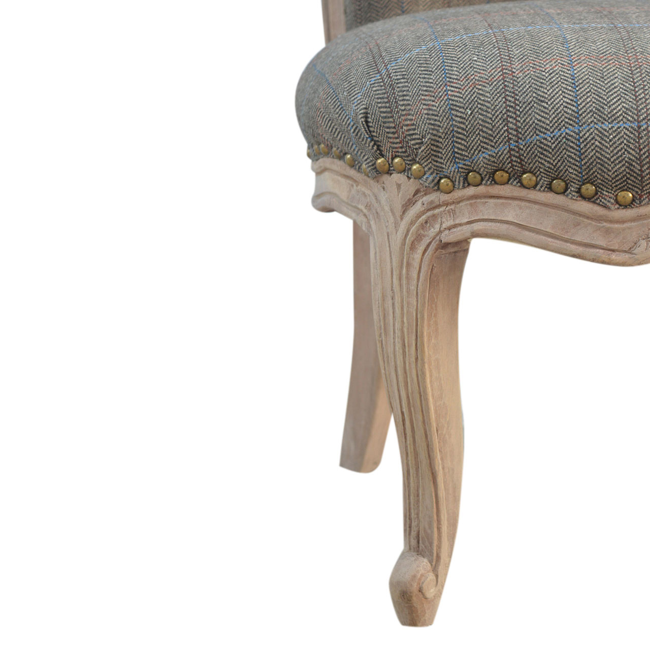 Solid Mango Wood French Style Upholstered Check Tweed Small Chair - Image 4