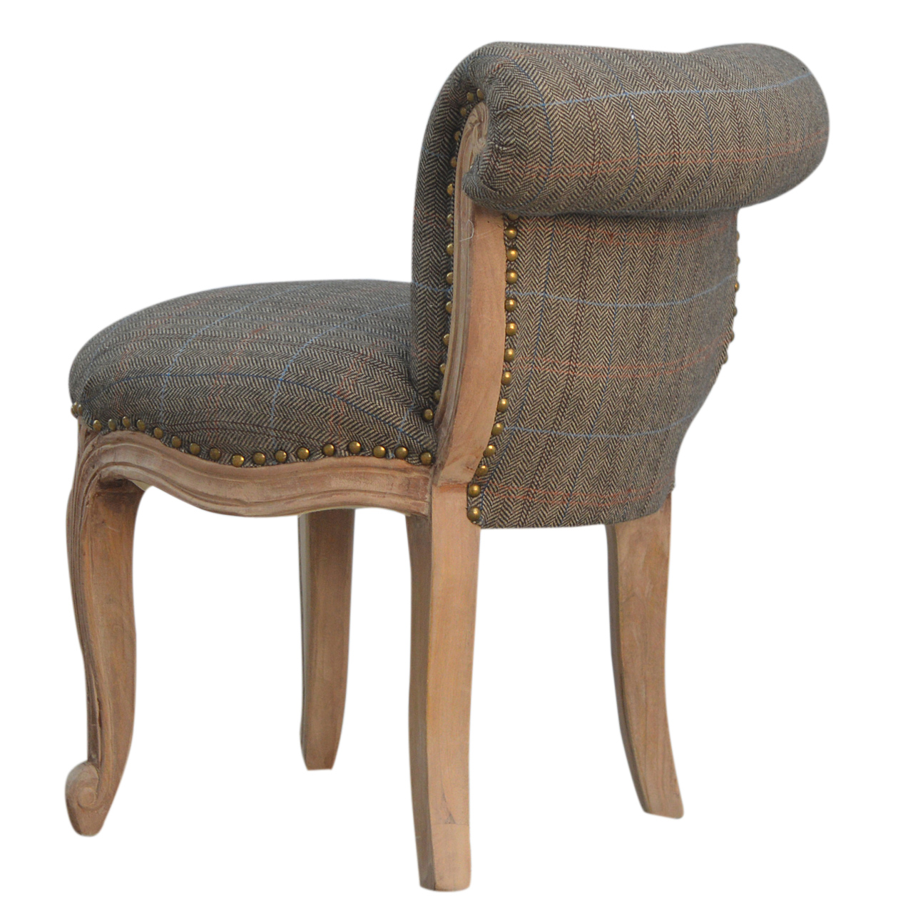 Solid Mango Wood French Style Upholstered Check Tweed Small Chair - Image 5