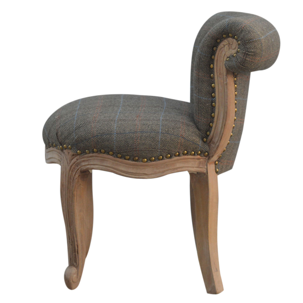 Solid Mango Wood French Style Upholstered Check Tweed Small Chair - Image 8