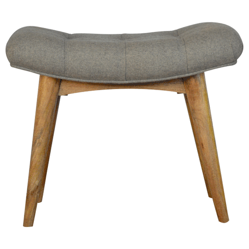 Solid Mango Wood Grey Tweed Upholstered Bean Shaped Footstool