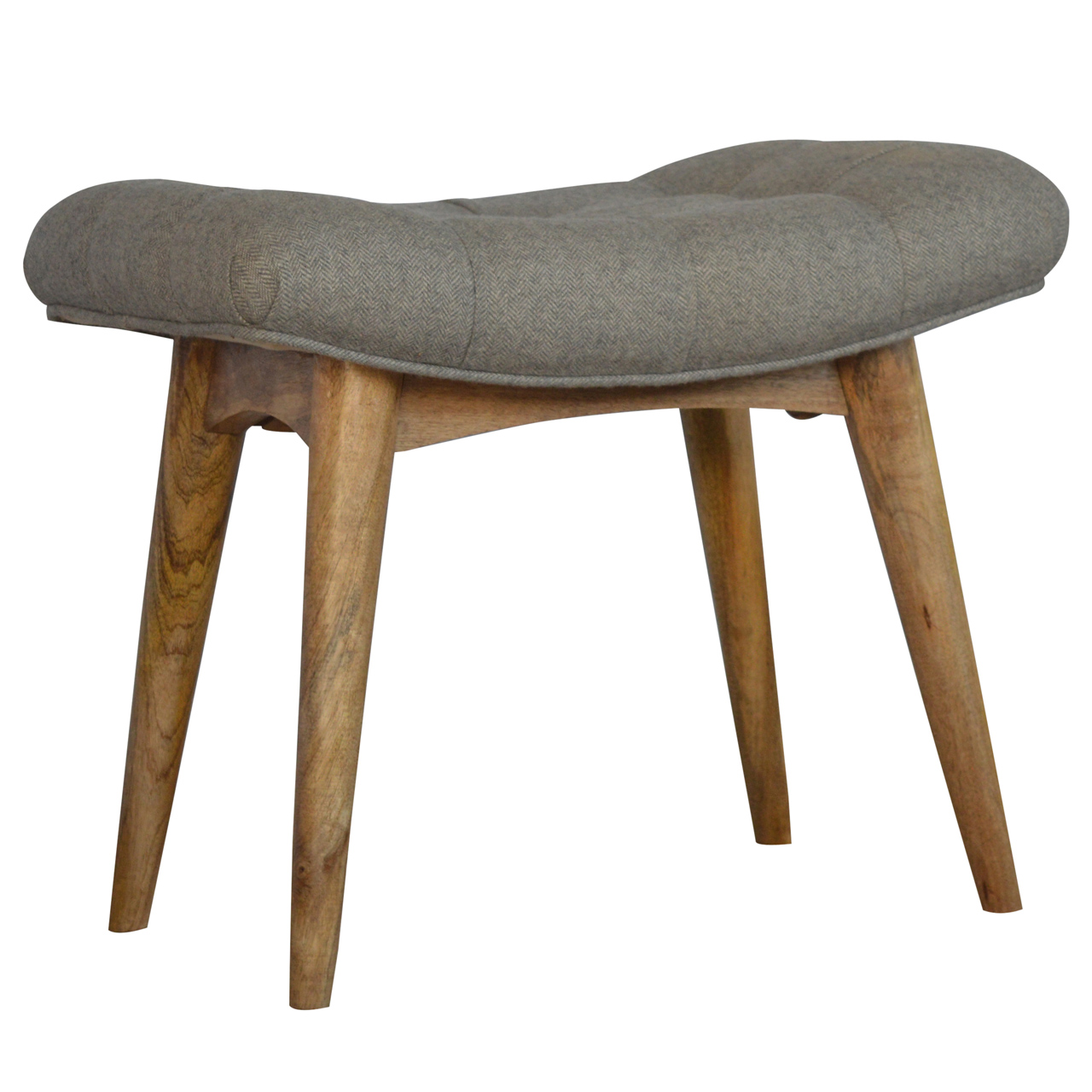 Solid Mango Wood Grey Tweed Upholstered Bean Shaped Footstool - Image 2
