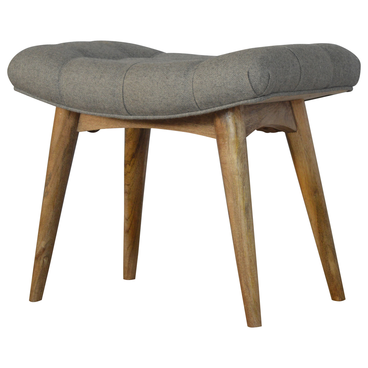 Solid Mango Wood Grey Tweed Upholstered Bean Shaped Footstool - Image 3