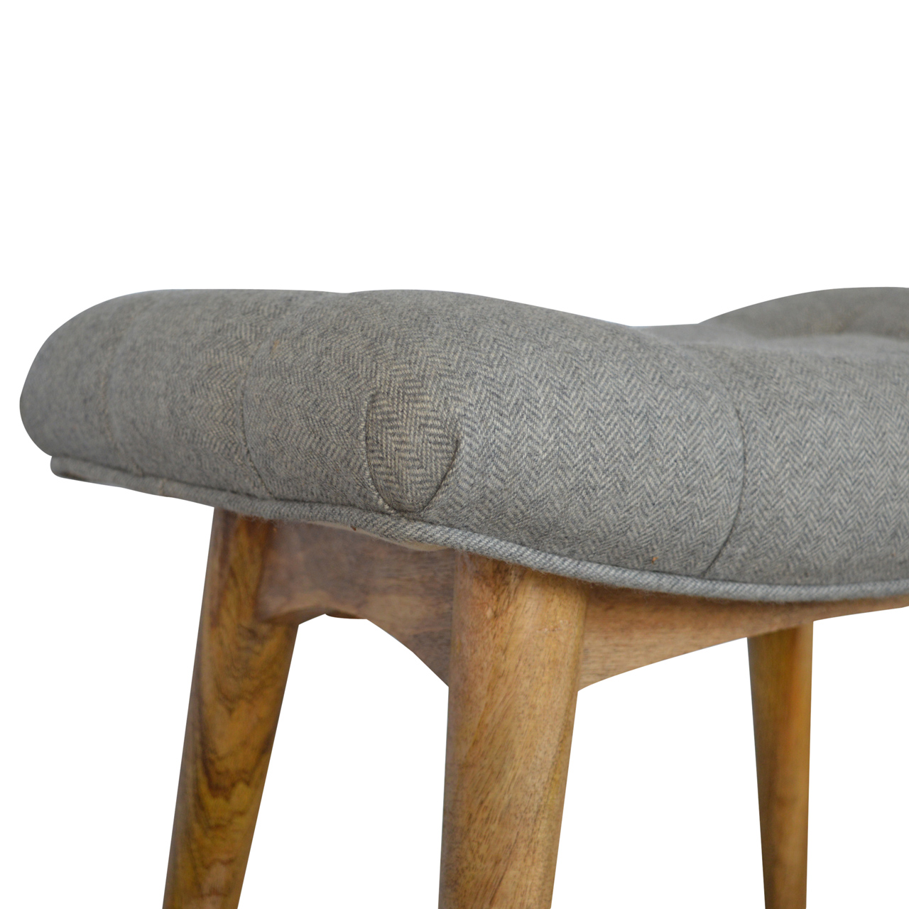 Solid Mango Wood Grey Tweed Upholstered Bean Shaped Footstool - Image 6