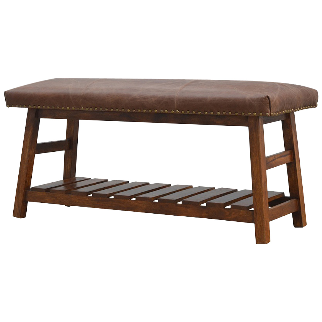Solid Mango Wood California Walnut & Tan Leather Upholstered Hallway Bench