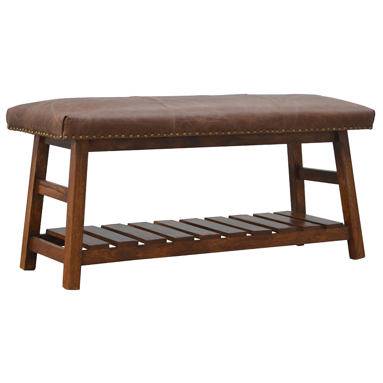 Solid Mango Wood California Walnut & Tan Leather Upholstered Hallway Bench - Image 2