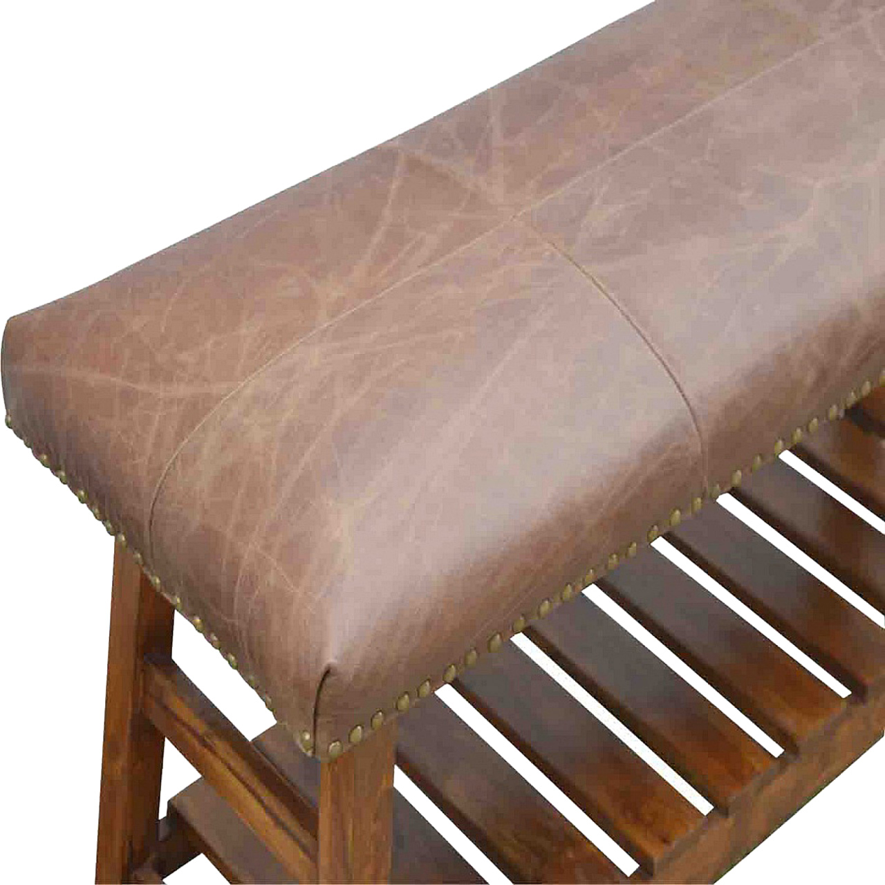 Solid Mango Wood California Walnut & Tan Leather Upholstered Hallway Bench - Image 3
