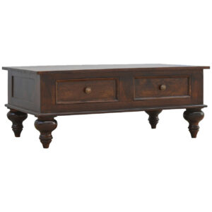 Solid Mango Wood California Walnut 4 Drawer Turned Legs Coffee Table