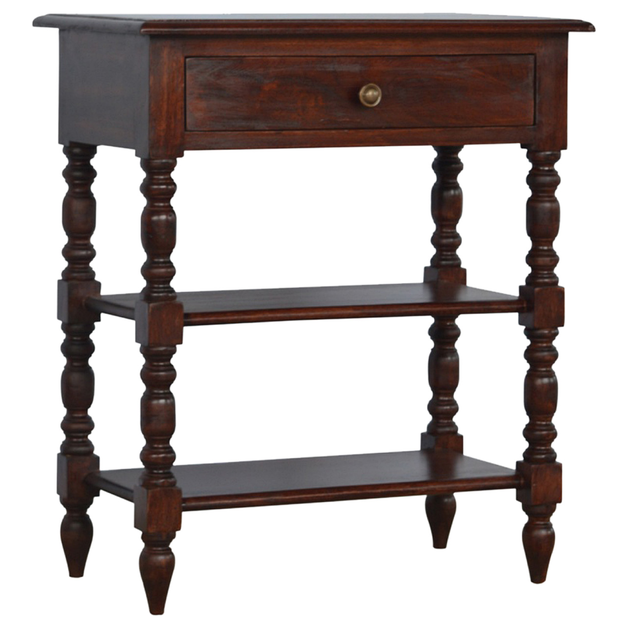 Solid Mango Wood Cherry Finished 1 Drawer 1 Shelf Turned Legs Table - Image 2