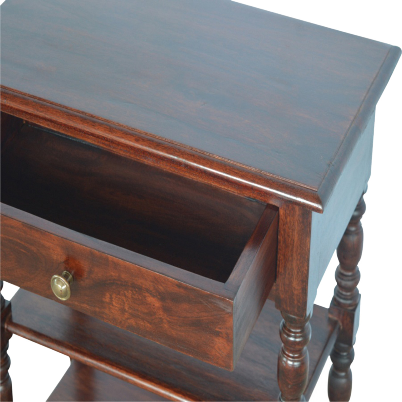 Solid Mango Wood Cherry Finished 1 Drawer 1 Shelf Turned Legs Table - Image 5