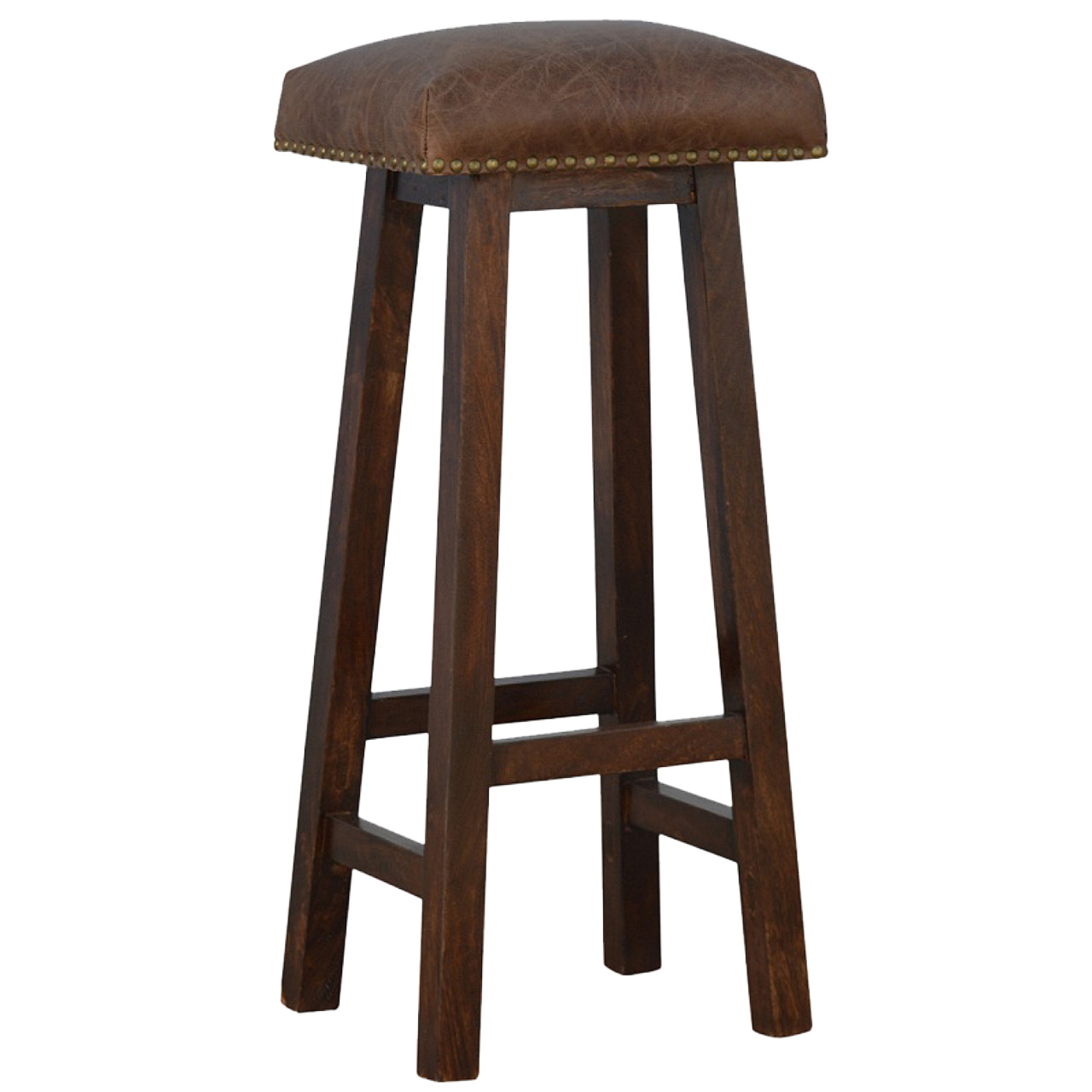 Solid Mango Wood Oak Finished Brass & Leather Upholstered Bar Stool - Image 2