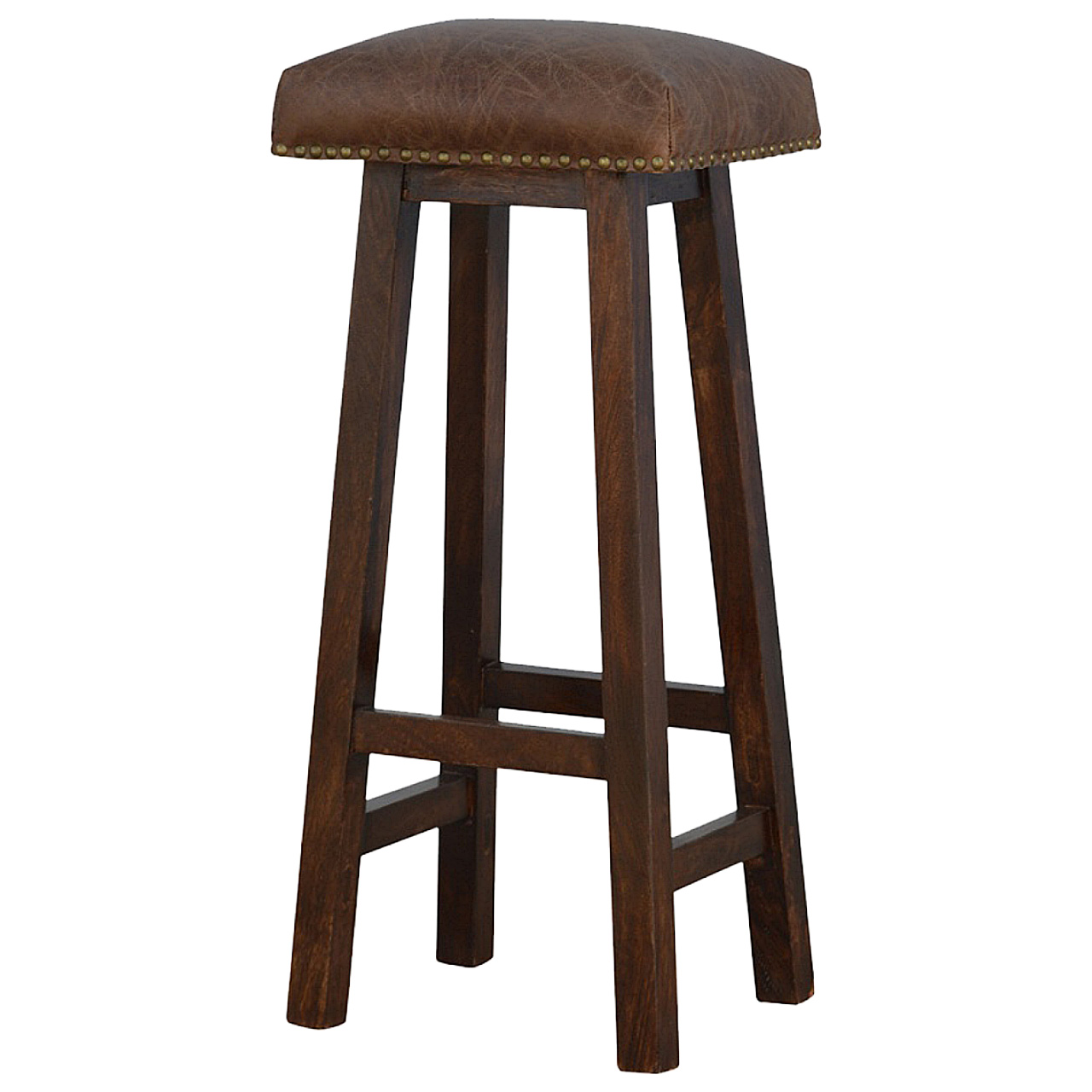 Solid Mango Wood Oak Finished Brass & Leather Upholstered Bar Stool - Image 3