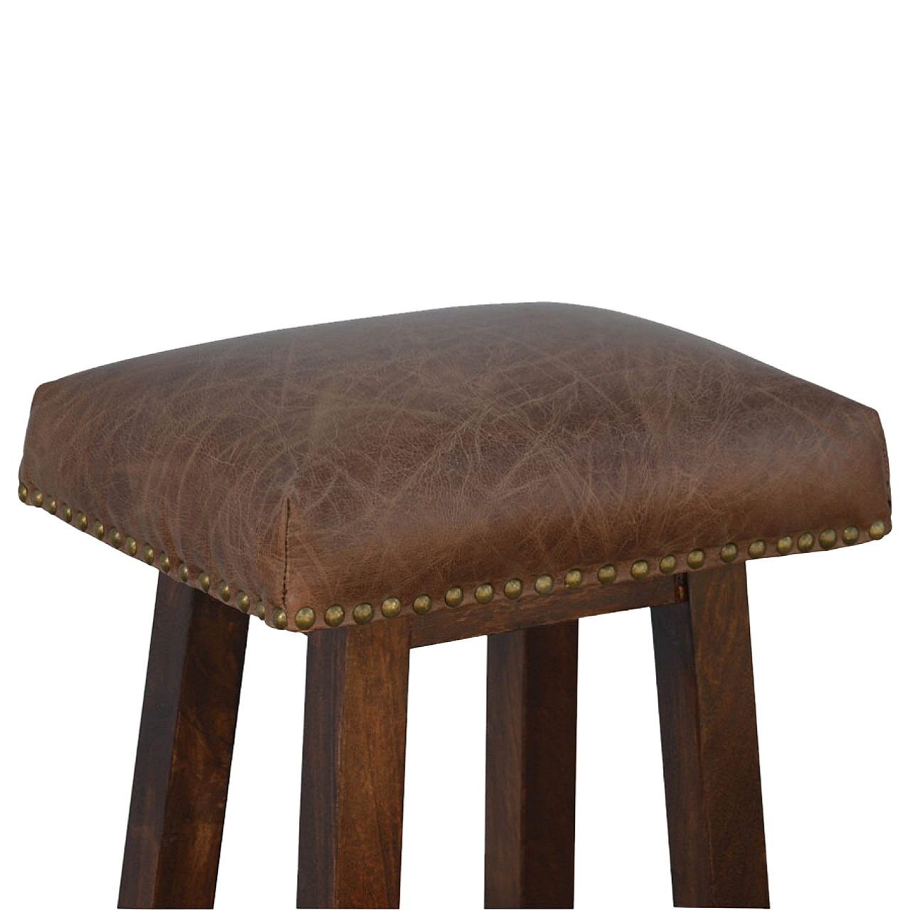 Solid Mango Wood Oak Finished Brass & Leather Upholstered Bar Stool - Image 6