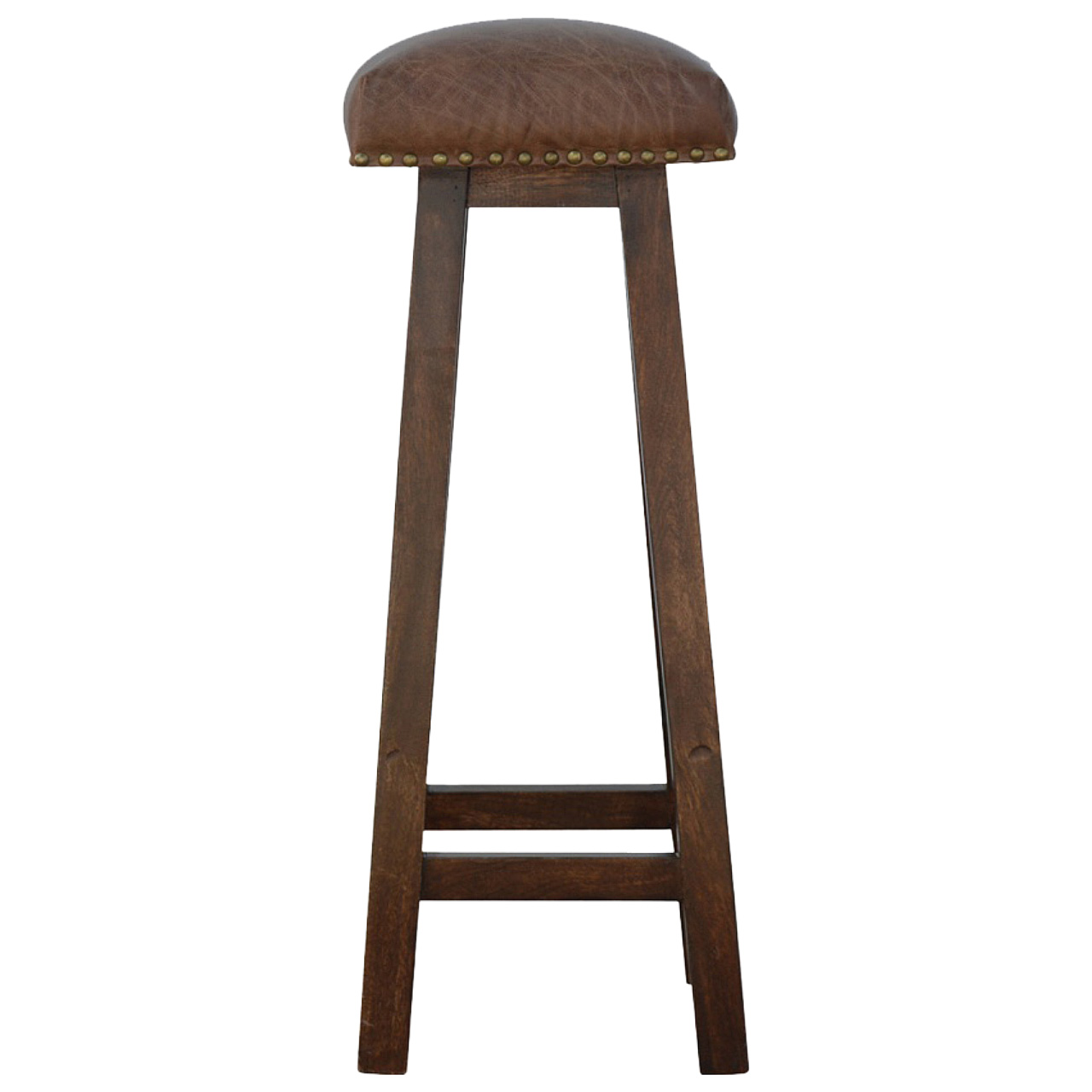 Solid Mango Wood Oak Finished Brass & Leather Upholstered Bar Stool - Image 8