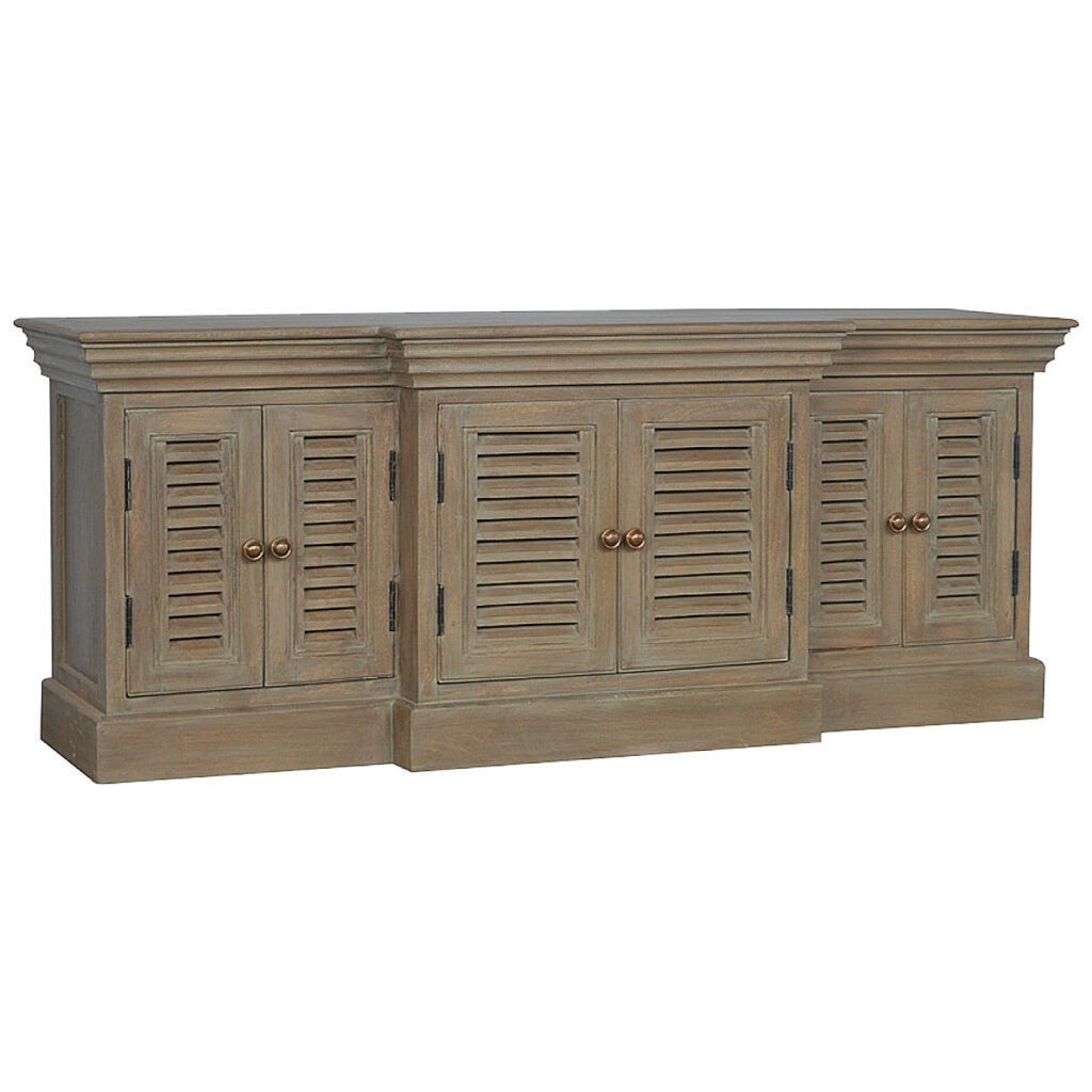 Solid Mango Wood Grey Washed Finished 3 Cupboard Shuttered Media Unit