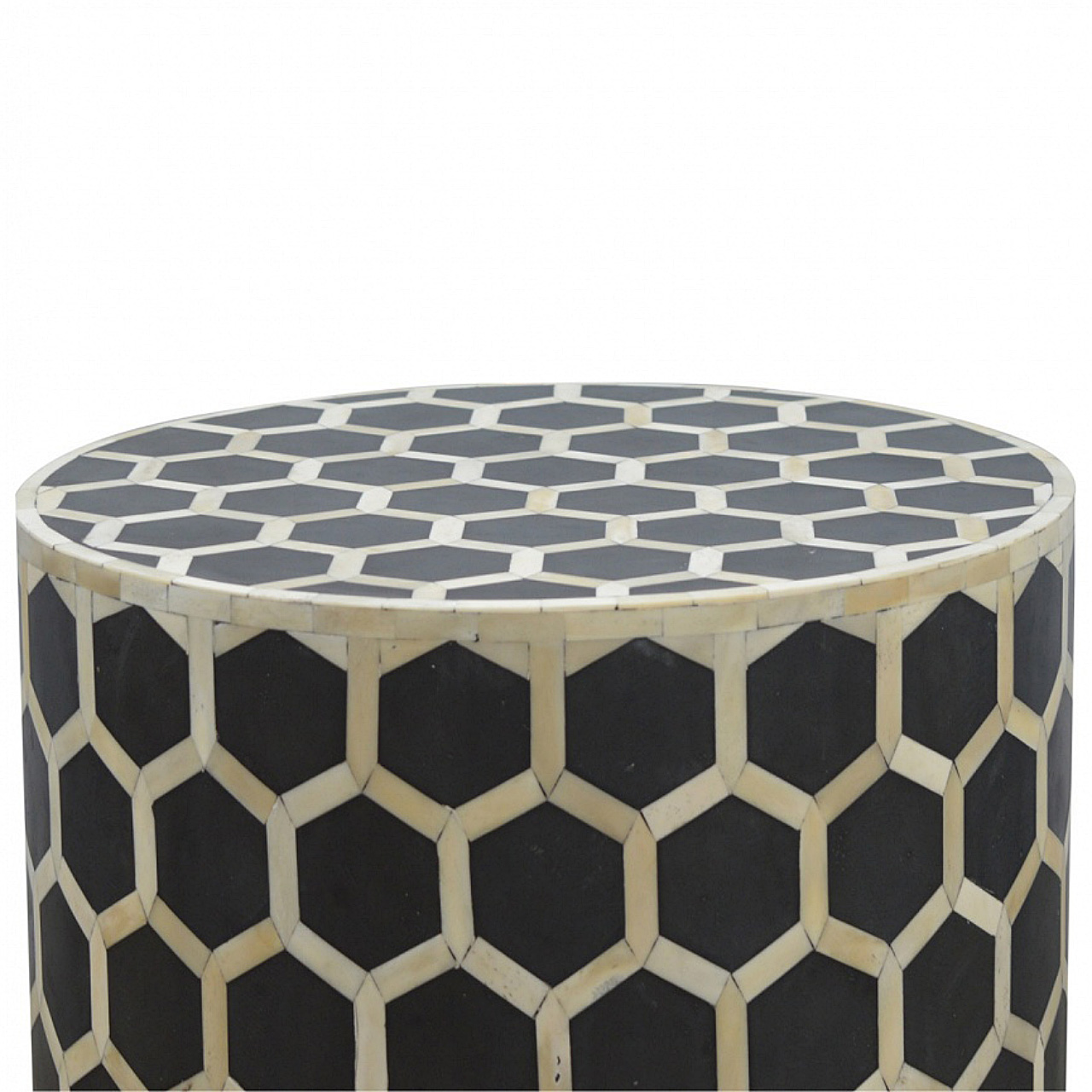 Solid Mango Wood Carbon Black & Bone Inlay Cylindrical Stool - Image 5