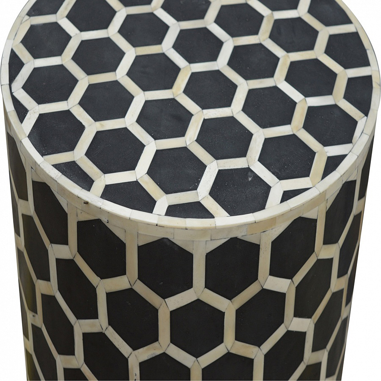 Solid Mango Wood Carbon Black & Bone Inlay Cylindrical Stool - Image 2