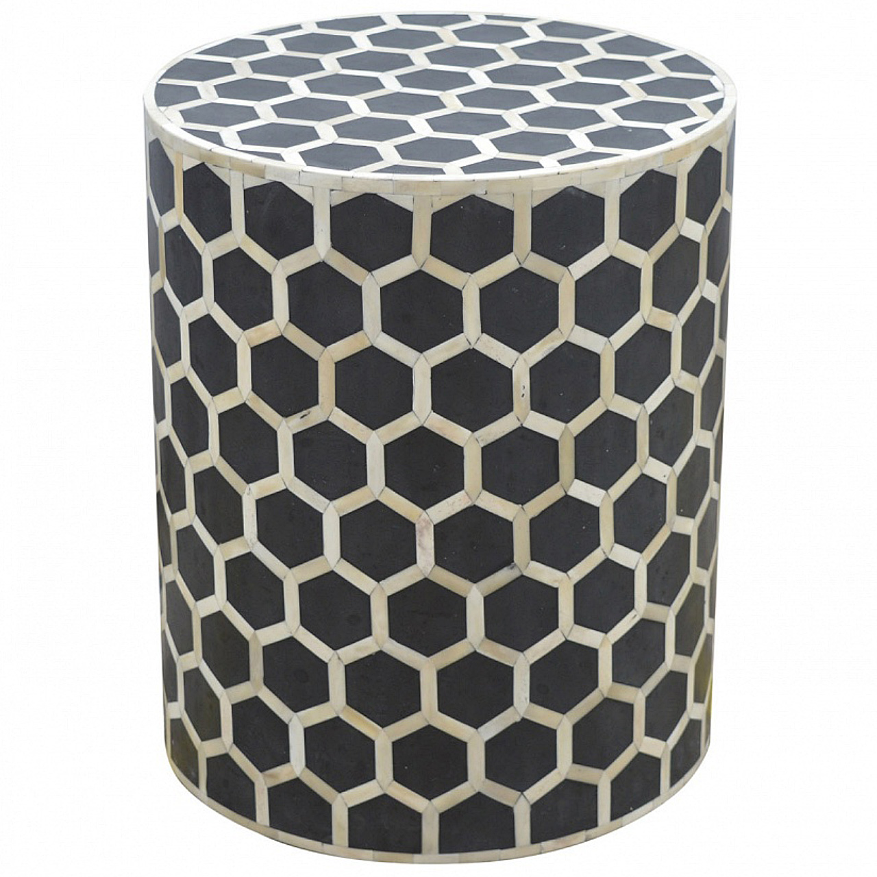 Solid Mango Wood Carbon Black & Bone Inlay Cylindrical Stool