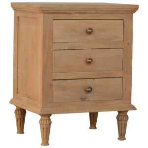Solid Mango Wood Sun Bleached 3 Drawer Bedside Table with Turned Feet