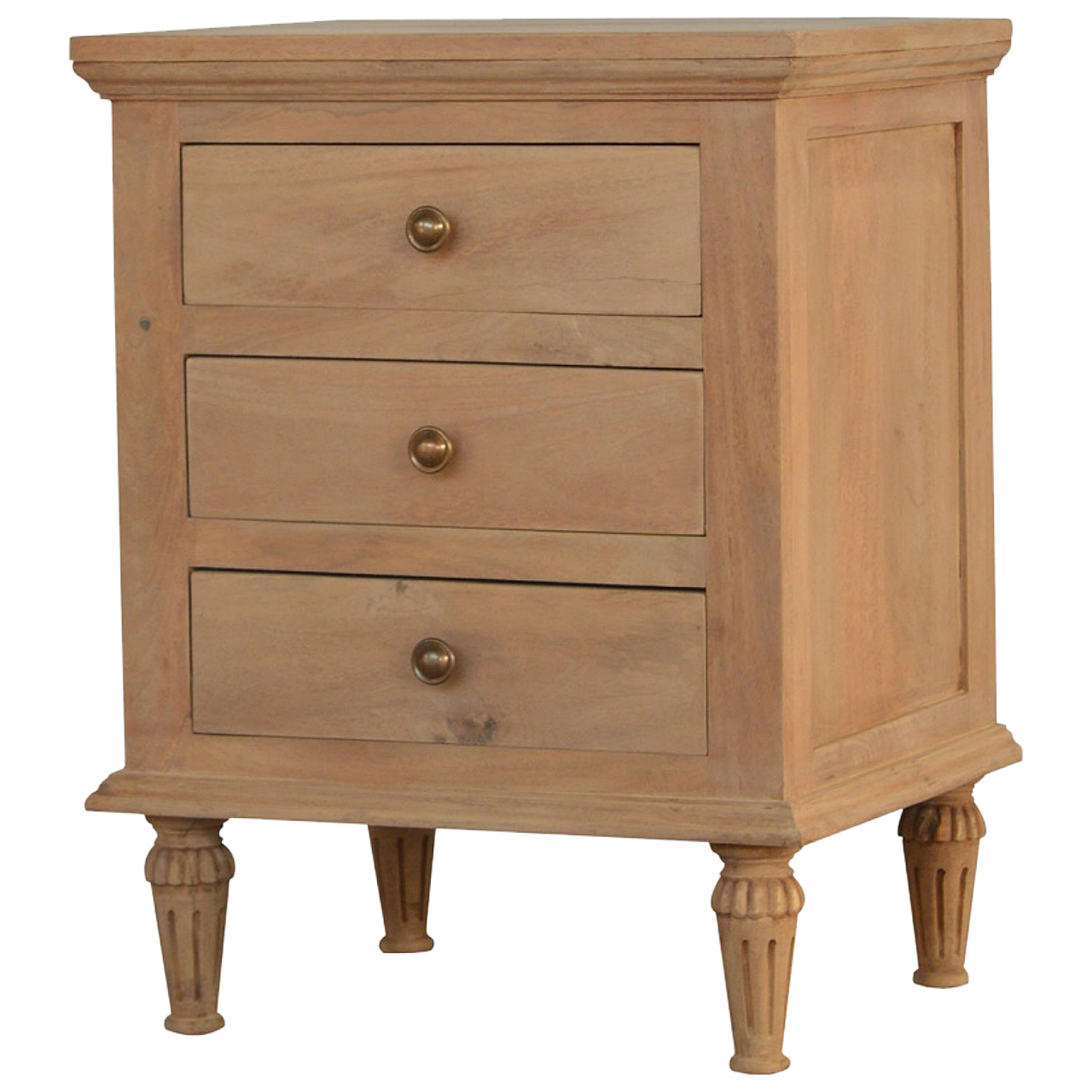 Solid Mango Wood Sun Bleached 3 Drawer Bedside Table with Turned Feet - Image 2