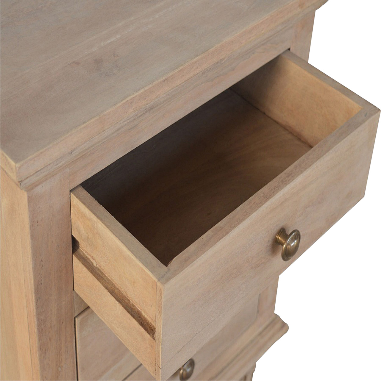 Solid Mango Wood Sun Bleached 3 Drawer Bedside Table with Turned Feet - Image 3