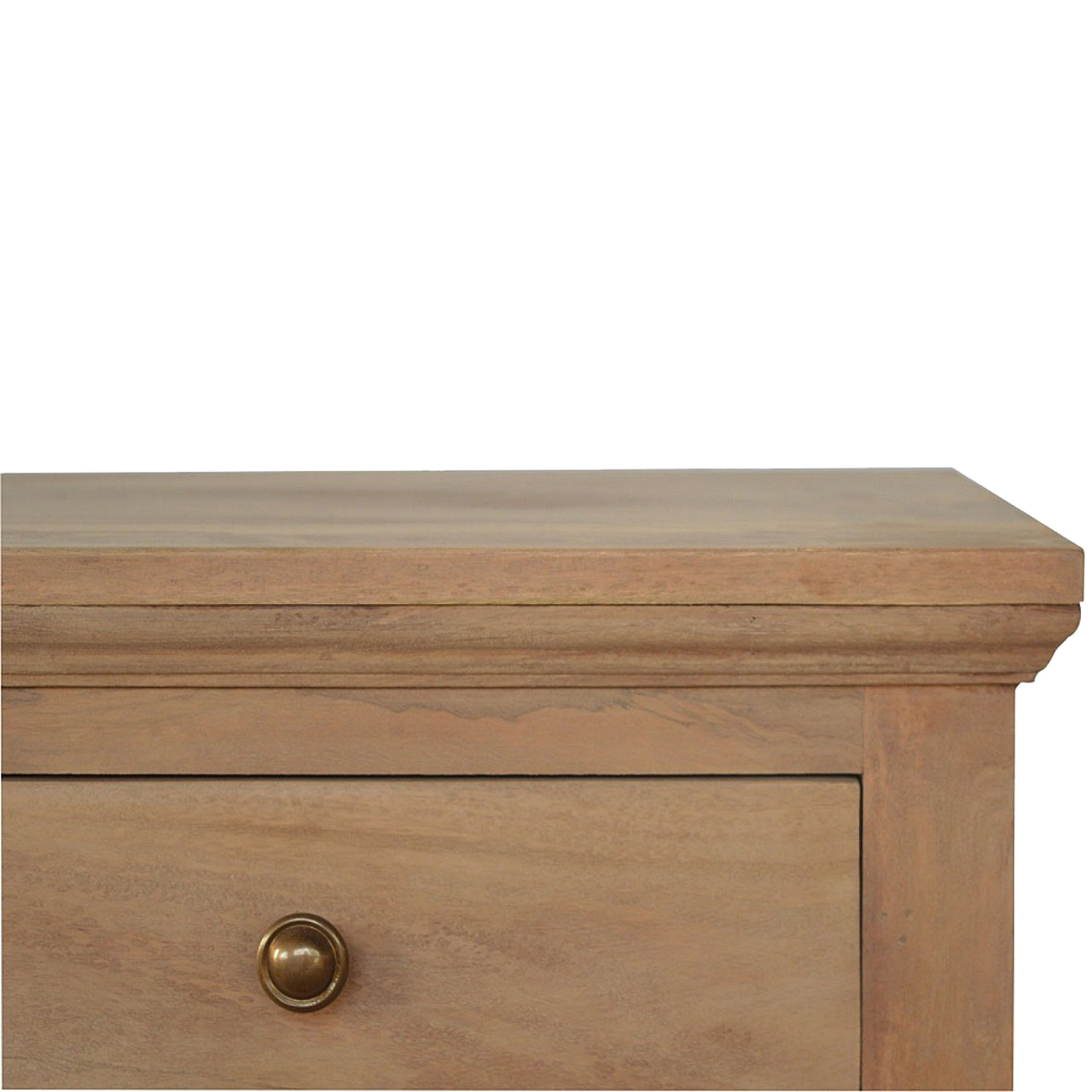 Solid Mango Wood Sun Bleached 3 Drawer Bedside Table with Turned Feet - Image 4
