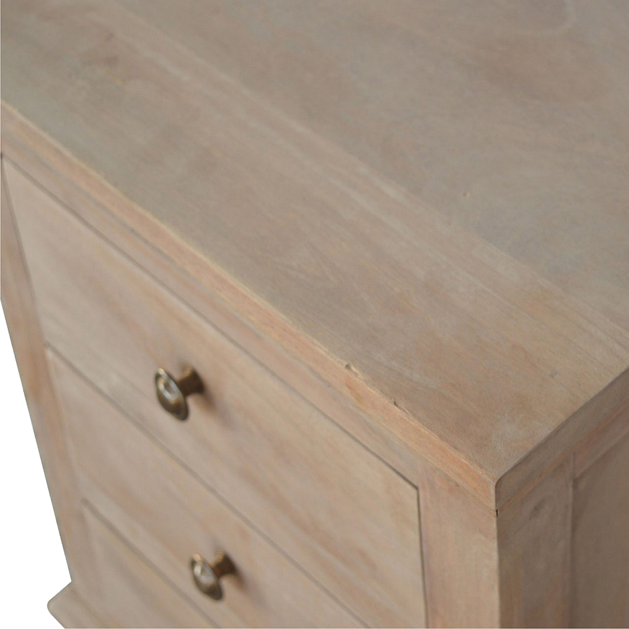 Solid Mango Wood Sun Bleached 3 Drawer Bedside Table with Turned Feet - Image 5
