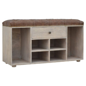 Solid Mango Wood Oak Finished 4 Slot Leather Upholstered Shoe Cupboard