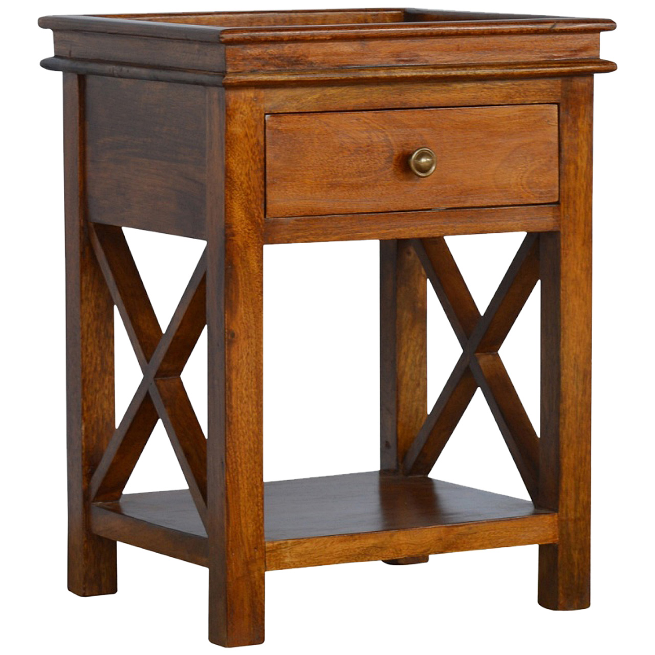Solid Mango Wood Chestnut Finished 1 Drawer Crossed Sides End Table